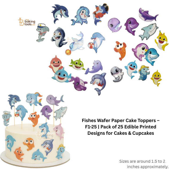 Fishes wafer paper cake toppers on a white background with a cake sample.